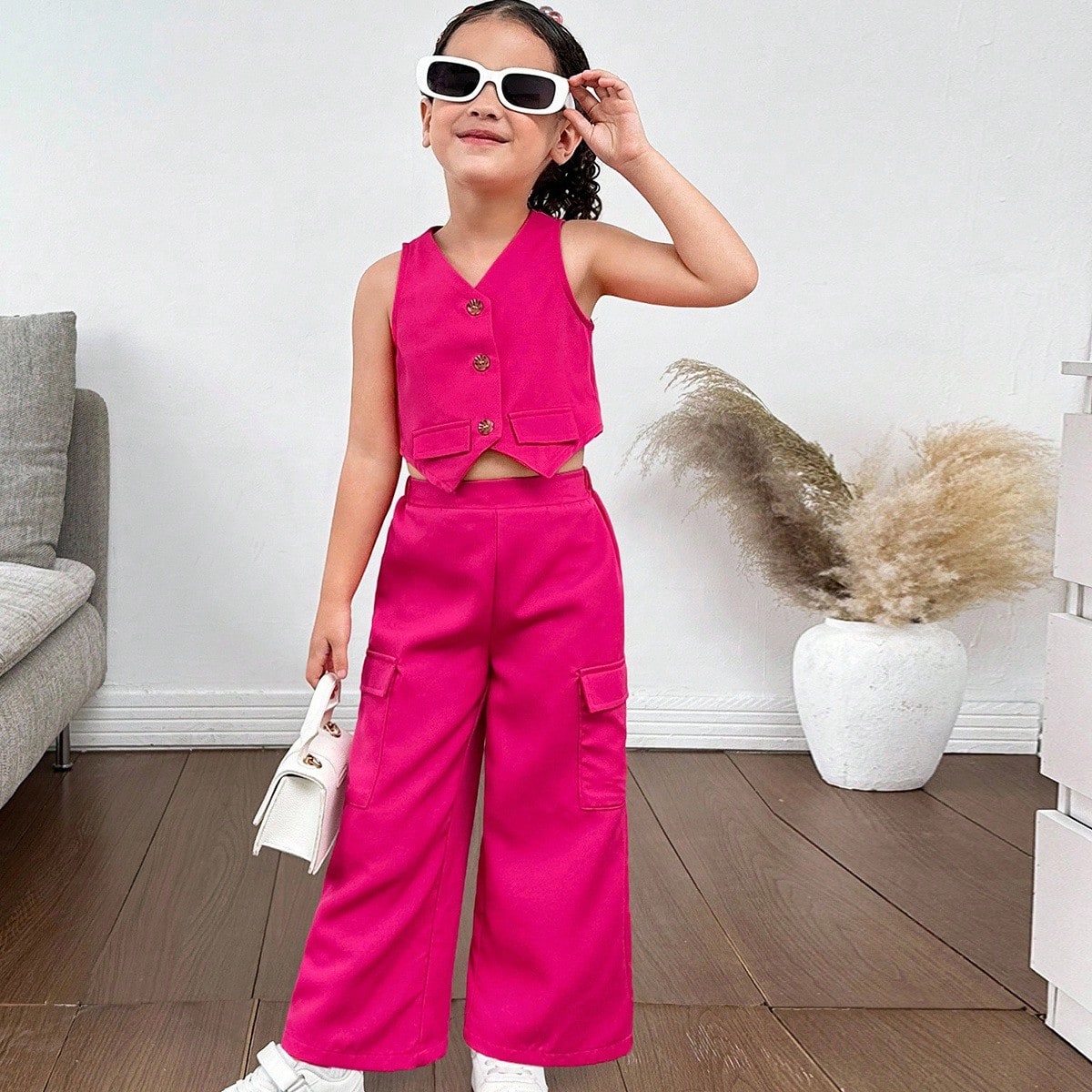 Conjunto de chaleco sin mangas y pantalones lisos de tejido para niñas, para primavera/verano informal