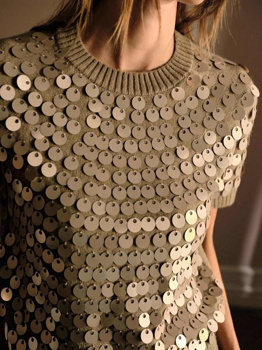 MOTF PREMIUM FASHIONABLE VERSATILE SEQUIN EMBELLISHED SHORT SLEEVE PULLOVER KNIT SWEATER KNIT PULLOVER FALL WINTER