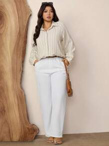 Zelara Plus Size Women Striped Raglan Sleeve Long Sleeve Single-Breasted Casual Shirt Navycore Outfits Plus Size Shirts And Blouses Fall Clothes For Women Business Casual Woman Office Outfits For Women Button Up Shirt Women Teacher Shirts Old Money Style Women