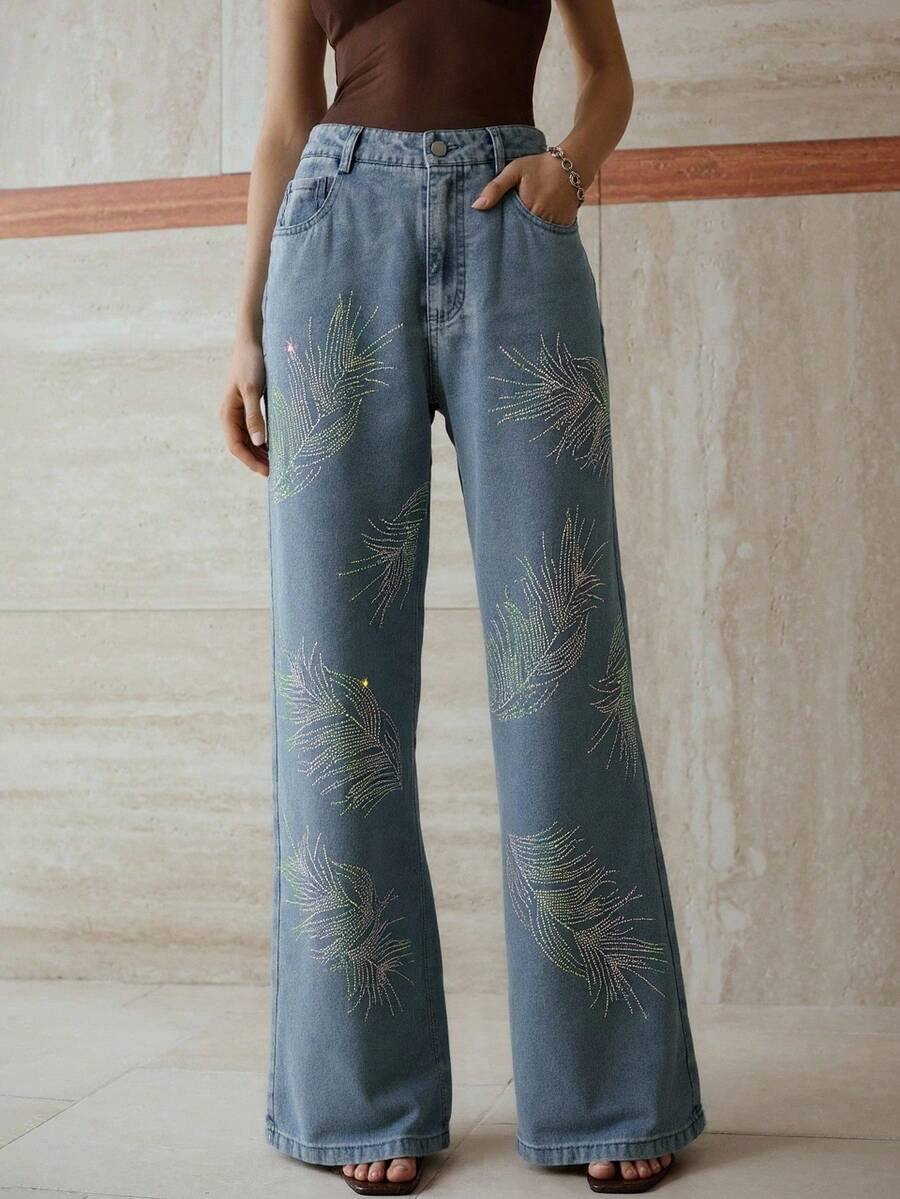 MOTF PREMIUM RHINESTONE STRAIGHT LEG JEANS - Blue - View 1