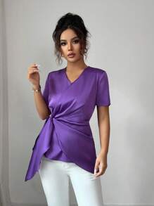 Elenzga Women's Elegant Cinched Waist Twist Knot Blouse - Purple - View 6
