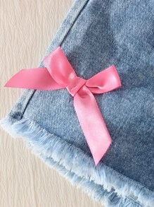 Elladie kids Bộ đồ bé gái thường ngày ngọt ngào gồm áo thun ngắn tay cổ tròn in nơ và quần short denim cạp chun có nơ, thích hợp mặc hàng ngày. Bộ quần áo mùa hè cho bé gái, áo thun ngắn tay có nơ và quần short denim, trang phục mùa hè cho bé gái. - trắng - Xem 6