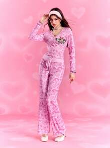 THE POWERPUFF GIRLS X SHEIN Women's Blossom, Bubbles, Buttercup Pattern V-Neck Long Sleeve Top And Pants 2 Pieces Set - Pink - View 4