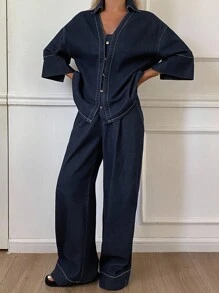 Livesso 女士宽松休闲牛仔衬衫和牛仔裤套装，全新秋季系列 - 藍色 - 查看 2