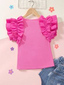 SHEIN Young Girl's Athletic Sweet & Cool Knitted Round Neck Ruffle Sleeve Top - Pink - View 2