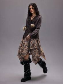 ROMWE EDITION 返校季 Y2K 女款秋季不对称下摆扎染格子裙，适合搭配裤子，复古垃圾摇滚风格，适合返校季 - 卡其色 - 查看 5