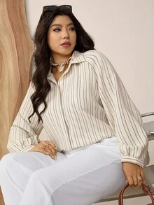 Zelara Plus Size Women Striped Raglan Sleeve Long Sleeve Single-Breasted Casual Shirt Navycore Outfits Plus Size Shirts And Blouses Fall Clothes For Women Business Casual Woman Office Outfits For Women Button Up Shirt Women Teacher Shirts Old Money Style Women