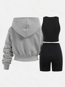 SHEIN Girlism 3pcs/Set Teen Girl Basic Minimalist Cropped Sweatshirt & Leggings & Tank Top Clothes, Casual, Sportswear, Loungewear, Back To School, Fall Concert Outfit Winter - Multicolor - View 2