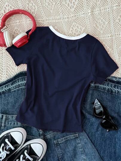 SHEIN Leap Crew Áo thun dài tay cổ tròn ôm sát thoải mái, tối giản, thoải mái dành cho bé gái tuổi teen, phù hợp cho mùa hè