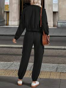 EMERY ROSE 2pcs Women Solid Color Casual Long Sleeve Single-Breasted Jacket And Pants Set Fall Cloth For Women - Black - View 2