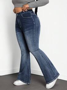 SHEIN ICON 大码高腰休闲时尚喇叭腿蓝色牛仔裤 - 藍色 - 查看 4