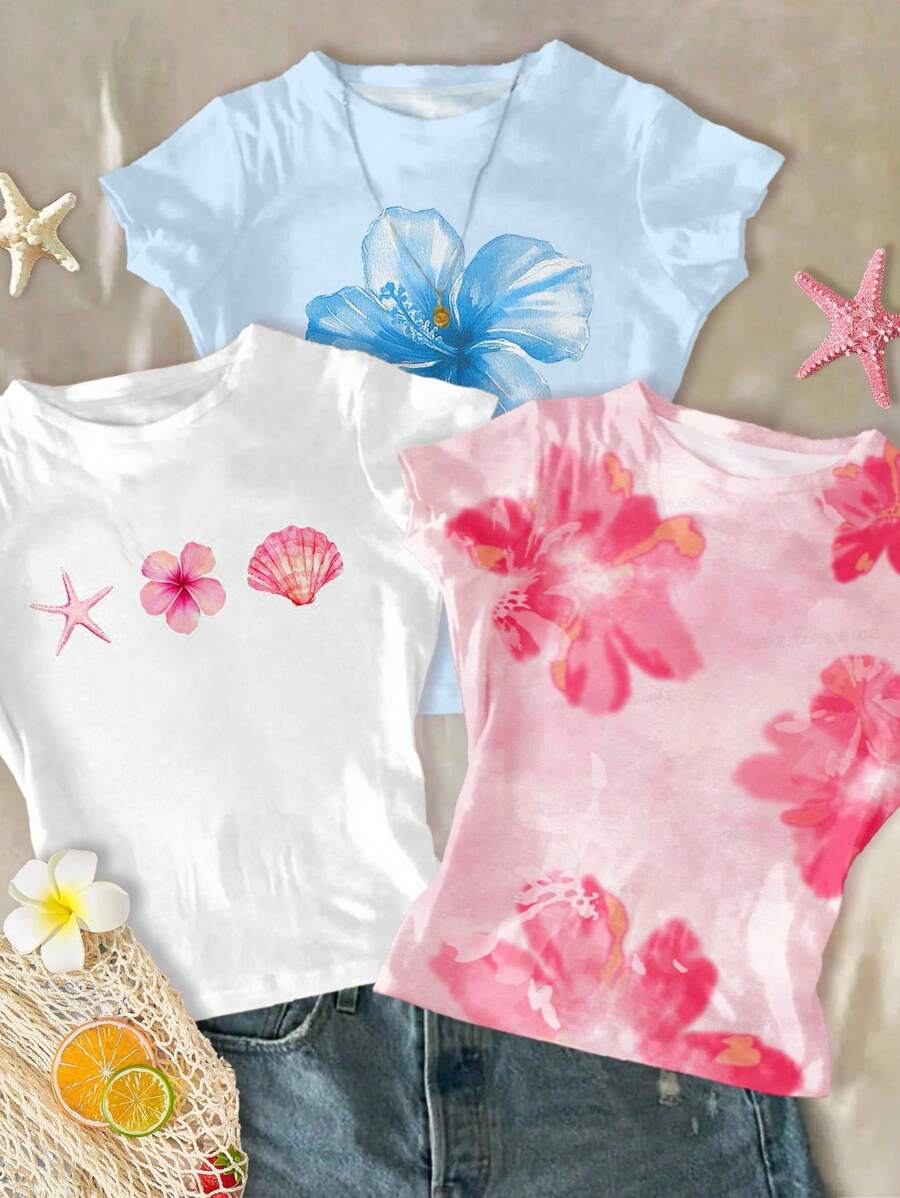 3 件套 Tween 女童修身休闲舒适圆领紧身长袖 T 恤,适合夏季 - 彩色 - 查看 1