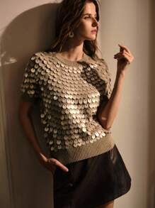 MOTF PREMIUM FASHIONABLE VERSATILE SEQUIN EMBELLISHED SHORT SLEEVE PULLOVER KNIT SWEATER KNIT PULLOVER FALL WINTER - Khaki - View 7