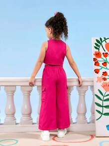 SHEIN 年轻女孩休闲春夏纯色梭织无袖背心和裤子套装 - 玫紅色 - 查看 2