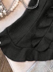 GlowEve 2件套女士不对称荷叶边下摆优雅上衣和裤子套装 - 黑色 - 查看 3