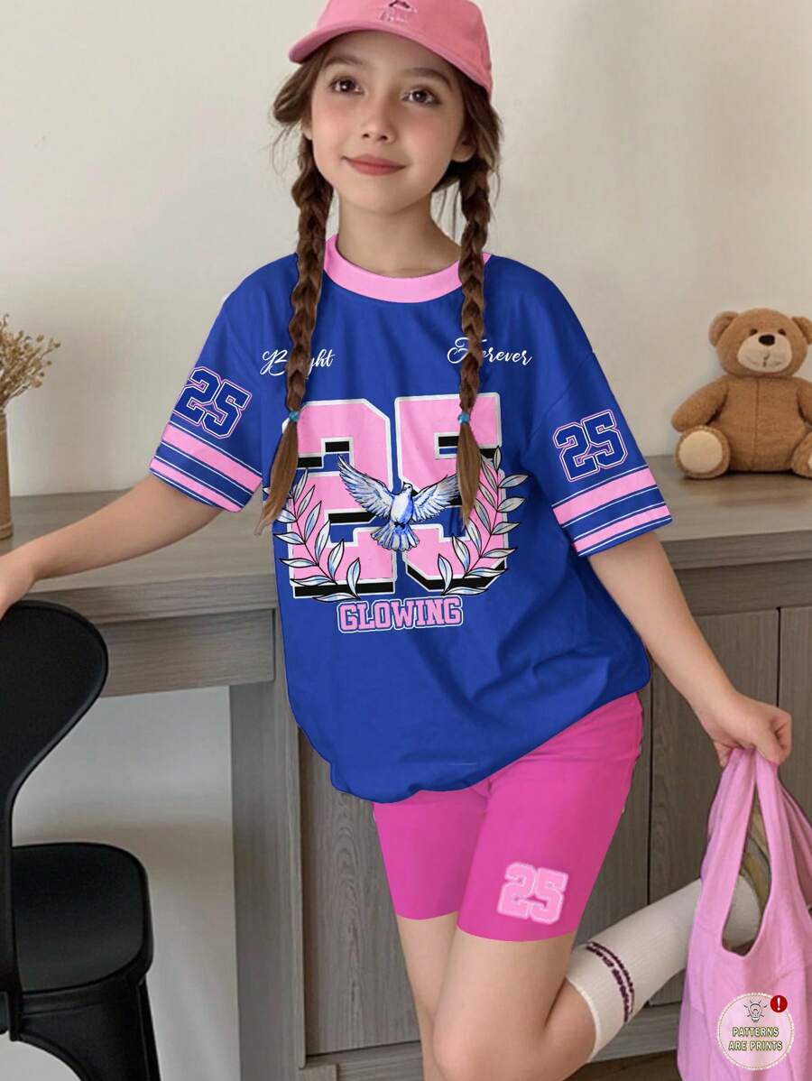 Tween Girls Casual Minimalist Short Sleeve Loose T-Shirt And Leggings 2 Pieces Set, Suitable For Summer - Multicolor - View 1