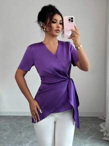 Elenzga Women's Elegant Cinched Waist Twist Knot Blouse - Purple - View 3
