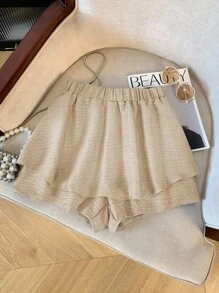 GlowEve 2件套女士不对称荷叶边下摆优雅上衣和裤子套装 - 卡其色 - 查看 6