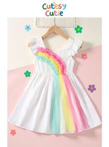 SHEIN Young Girl's Colorful Mesh Rainbow Pattern Cap Sleeve Dress, Summer Vacation Rainbow Dress For Young Girl