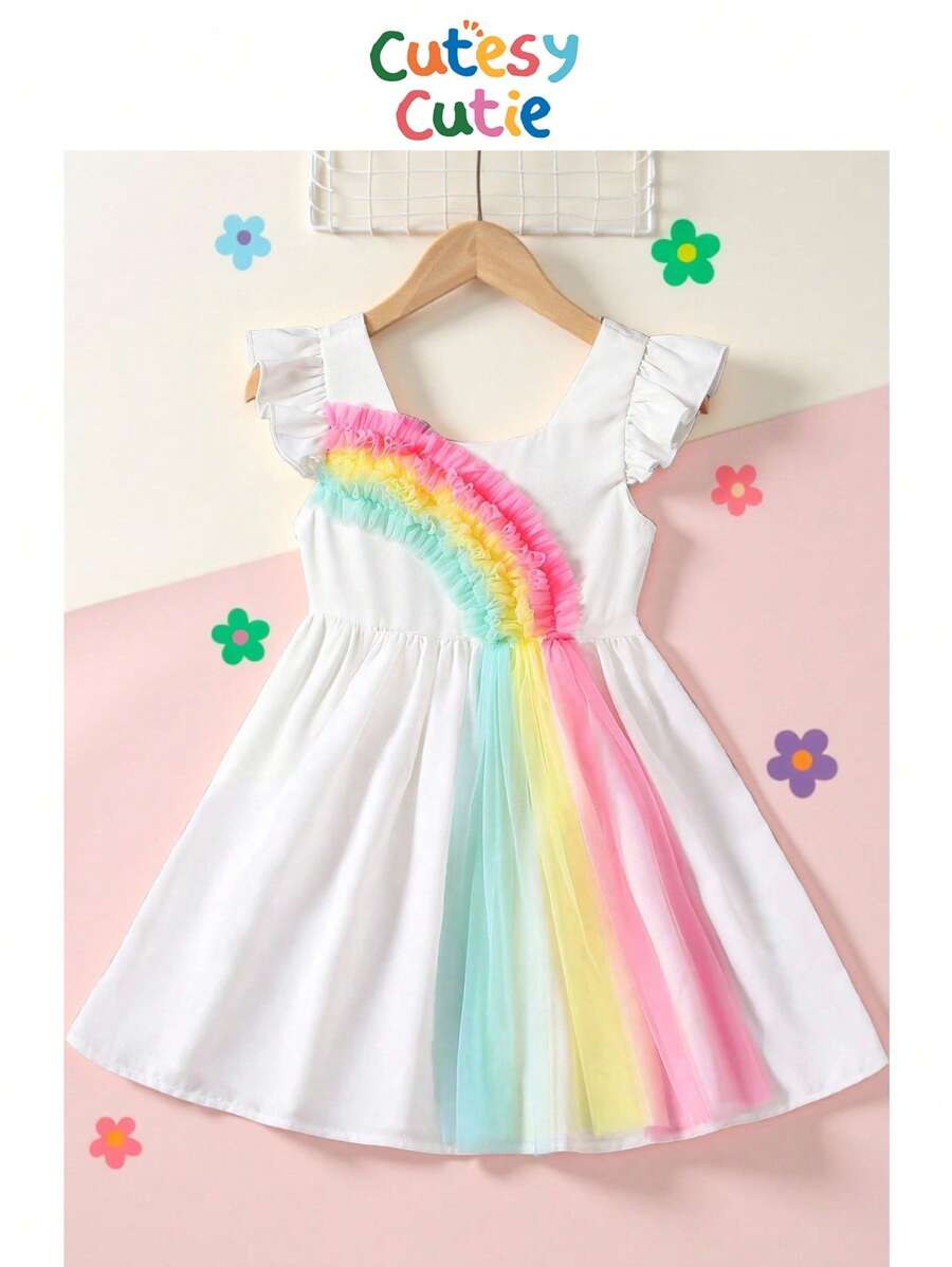 SHEIN Young Girl's Colorful Mesh Rainbow Pattern Cap Sleeve Dress, Summer Vacation Rainbow Dress For Young Girl