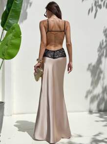 Aloruh 女式撞色蕾丝露背鱼尾下摆连衣裙 - 杏色 - 查看 3