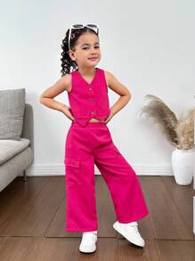 SHEIN 年轻女孩休闲春夏纯色梭织无袖背心和裤子套装 - 玫紅色 - 查看 5