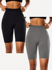 Gameset SHEIN Sport 2 件女式纯色高腰日常健身运动无缝骑行短裤女式高腰健身短裤高弹力骑行短裤收腹骑行短裤 - 彩色 - 查看 4