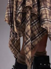 ROMWE EDITION 返校季 Y2K 女款秋季不对称下摆扎染格子裙，适合搭配裤子，复古垃圾摇滚风格，适合返校季 - 卡其色 - 查看 3