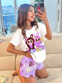 SHEIN 青少年女孩休闲简约圆领短袖短裤睡衣套装，适合夏季