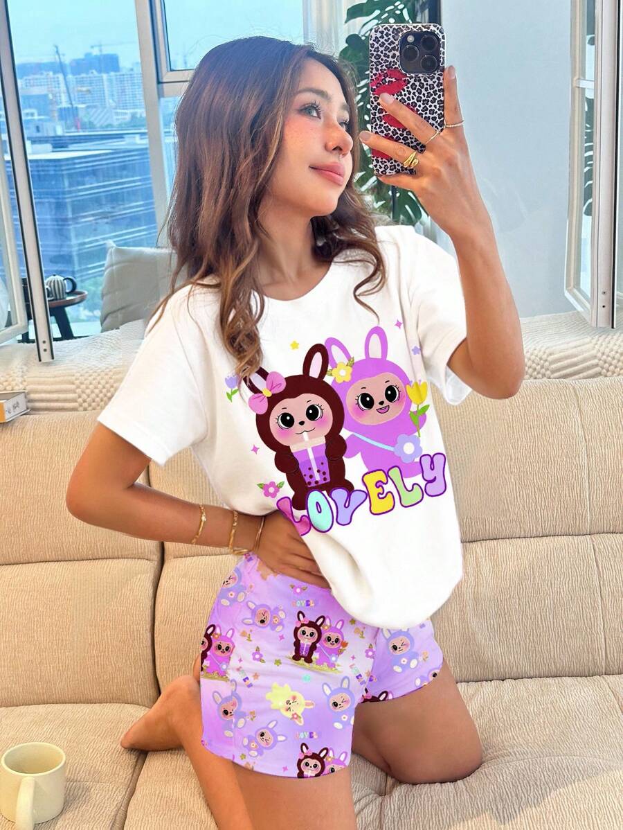 SHEIN 青少年女孩休闲简约圆领短袖短裤睡衣套装，适合夏季