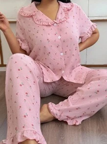 CottageSlumber Plus Size Ditsy Floral Ruffle Collar Cardigan Pajama Set - Multicolor - View 3