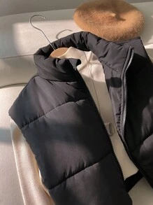 SHEIN 青少年女孩休闲百搭无袖立领短款棉质背心，秋冬 - 黑色 - 查看 3