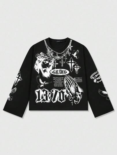 Goth Men's Oversized Short Cross Printed T-Shirt