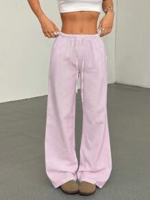 SHEIN Tall Women's Striped Bubble Crinkle Fabric Low Waist Drawstring Tie Straight Pockets Wide Leg Loose Pants, Suitable For Vacation, Beach, Casual, Daily Wear, Tall Size, Summer Fall Cloth For Women