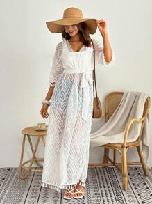 SHEIN Swim Casual Fashionable Versatile Daily Fringe Trim Women Cover Up Cover Up For Summer Beach Vacation - White - View 5