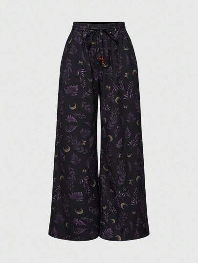 Fairycore بنطلون نسائي فضفاض ذو ساق واسعة مطبوع بنجوم وزخارف نباتية بطراز عتيق