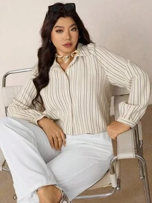 Zelara Plus Size Women Striped Raglan Sleeve Long Sleeve Single-Breasted Casual Shirt Navycore Outfits Plus Size Shirts And Blouses Fall Clothes For Women Business Casual Woman Office Outfits For Women Button Up Shirt Women Teacher Shirts Old Money Style Women