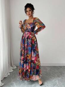 Modelyn Damen Kleid mit quadratischem Ausschnitt, Ballonärmeln, taillierter A-Linie, aus Tencel mit elegantem romantischem Vintage-Blume Muster