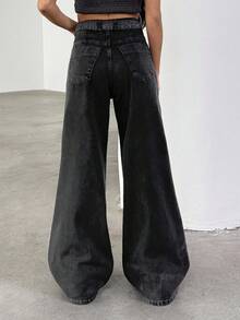 EURMUSE Jeans droits à taille haute avec ceinture pour femmes - Noir - Voir 2