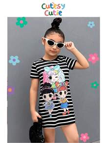SHEIN Nova Glow Young Girl Knitted Striped Casual Round Neck Dress Snug Fit Dress For Young Girl - Black and White - View 1