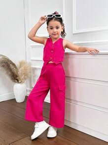 SHEIN 年轻女孩休闲春夏纯色梭织无袖背心和裤子套装 - 玫紅色 - 查看 3