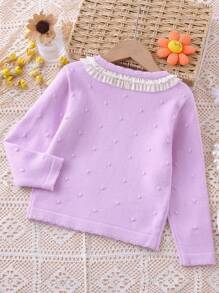 Young Girl Back To School Lavender Bow Lace Trim Round Neck Long Sleeve Sweater, Autumn/Winter - Lilac Purple - View 2