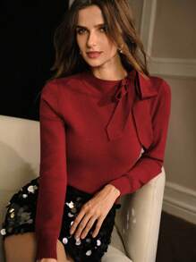 MOTF PREMIUM BOW DECOR RIBBED SWEATER KNIT PULLOVER FALL WINTER - Red - View 3