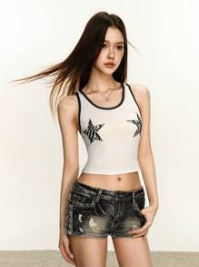 Rina Fox Women Contrast Color Star Print Sleeveless Tank Top, For Concert, Back To School - Black and White - View 4