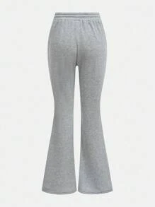 Girlism 青少年女孩休闲纯色喇叭针织运动裤，秋季 - 淺灰色 - 查看 2