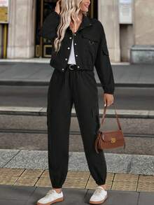 EMERY ROSE 2pcs Women Solid Color Casual Long Sleeve Single-Breasted Jacket And Pants Set Fall Cloth For Women - Black - View 4