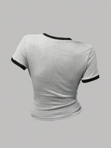 SHEIN Girlism 少女圆领短袖温柔甜美时尚撞色数字和字母印花修身 T 恤，休闲，运动，街头，学校，返校女士短款婴儿 T 恤女士 Ringer Tee 短款 T 恤婴儿 T 恤少女短款 T 恤女士图案 T 恤热门关键词女士基本款 T 恤