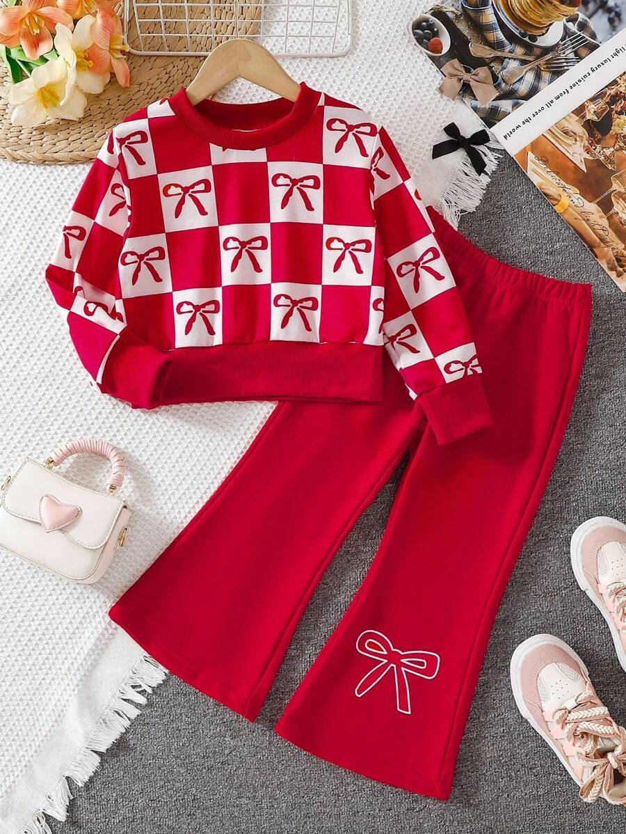 Set de 2 piezas de estilo casual y minimalista con moño rojo para niñas - Rojo - Ver 1
