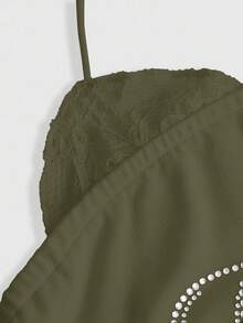 ROMWE Women's Rhinestone Embellished 2 In 1 Lace Trim Halter Neck Pleated Camisole