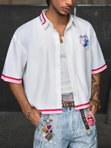 AXEPEAK Camisa de manga corta con estampado gráfico casual y retro estadounidense, diseño de corte holgado y versátil para hombres - Multicolor - Ver 2